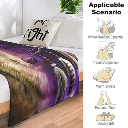 Spirit Wolf Fleece Throw Blanket with Dreamcatcher Pattern