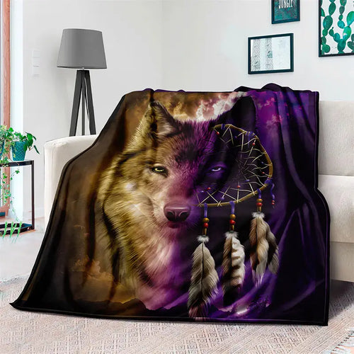 Spirit Wolf Fleece Throw Blanket with Dreamcatcher Pattern